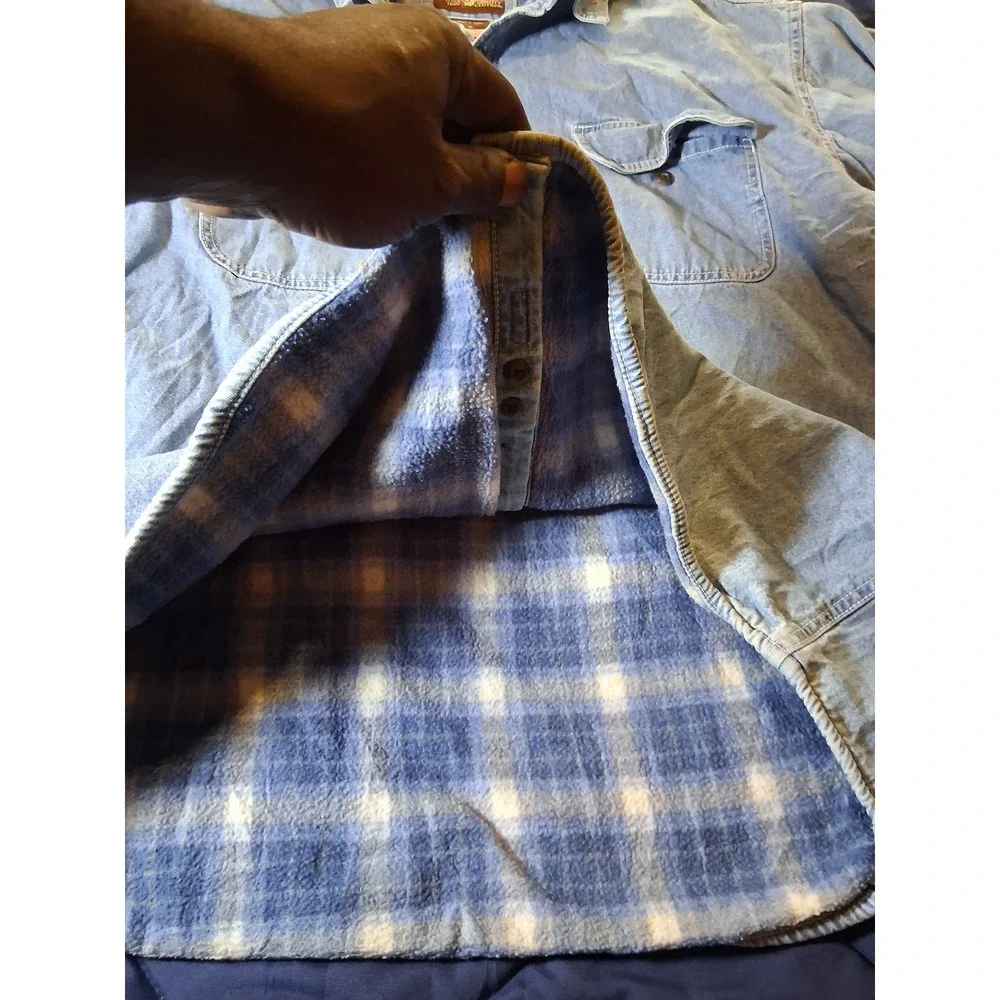 Levi Strauss Mens XL Denim Shirt Jacket Plaid Fleece Lined Light Wash Blue - Picture 5 of 7